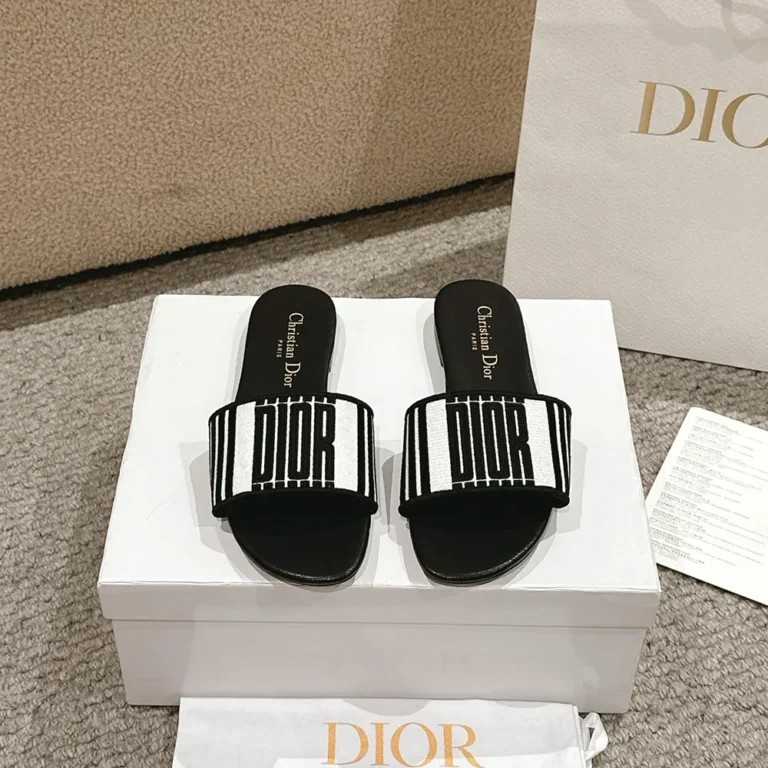 Dior Women Dway Slide Black and White Cotton Embroidered with Dior Graphique Motif