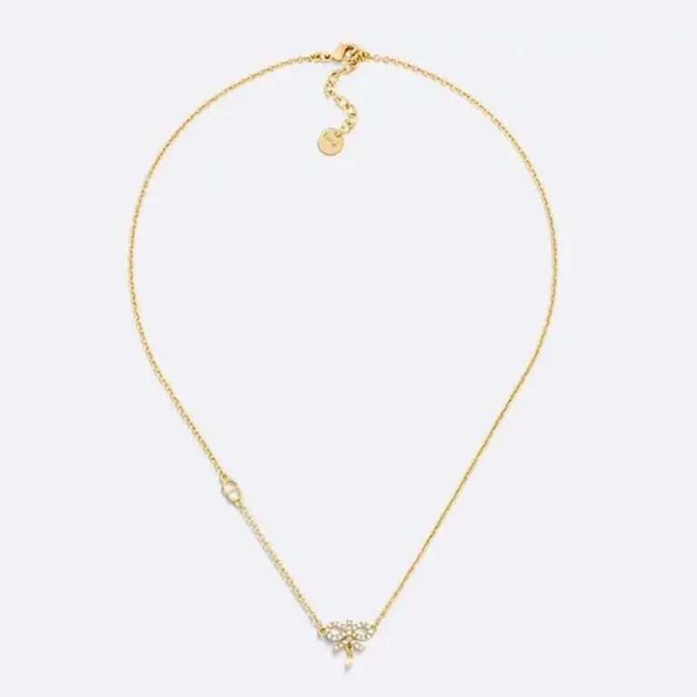 VDior Women Le Nœud de Dior Necklace Gold-Finish Metal with White Resin Pearl and Silver-Tone Crystals