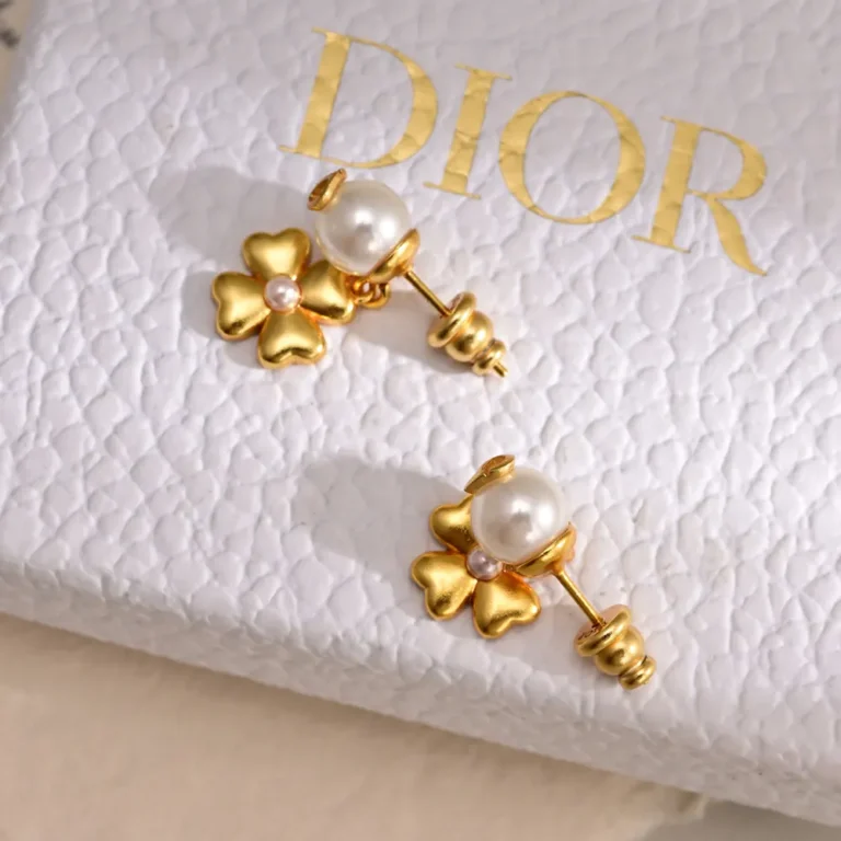 Dior Women Lucky Dior Earrings Gold-Finish Metal and White Resin Pearls