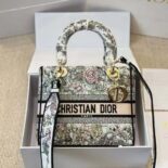 Dior Women Medium Lady D-Lite Bag White Flowers Constellation Embroidery