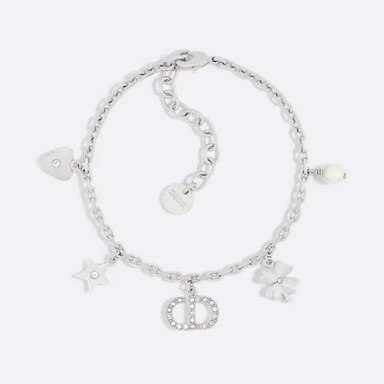 Dior Women Petit CD Lucky Charms Bracelet Silver-Finish Metal with White Resin Pearl and Silver-Tone Crystals