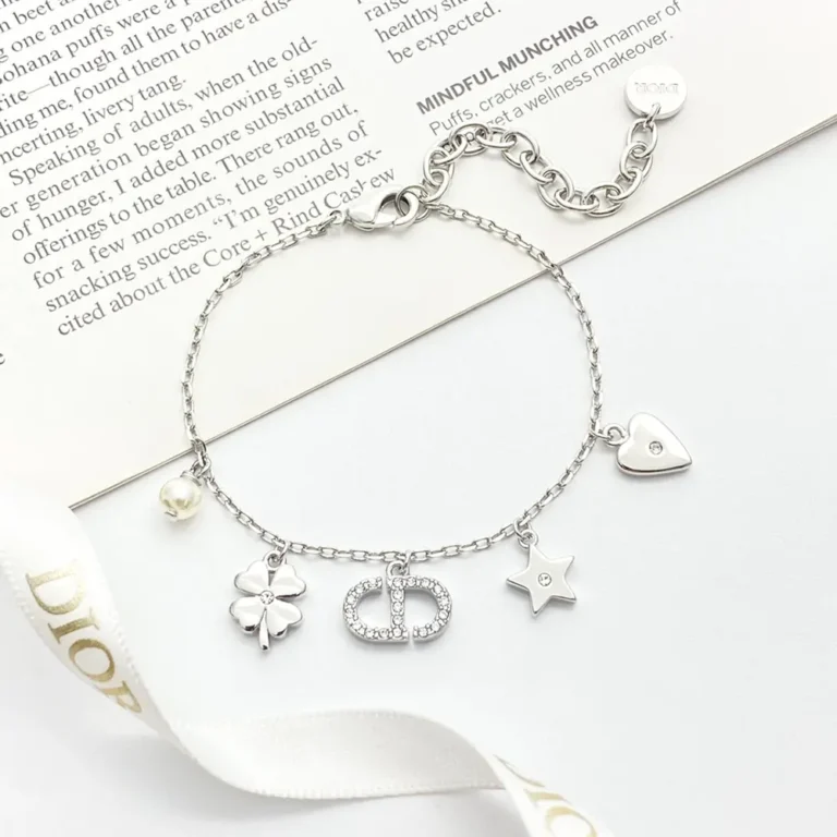 Dior Women Petit CD Lucky Charms Bracelet Silver-Finish Metal with White Resin Pearl and Silver-Tone Crystals