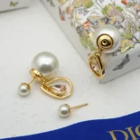 Dior Women Tribales Earrings Gold-Finish Metal with White Resin Pearls and Champagne Crystals