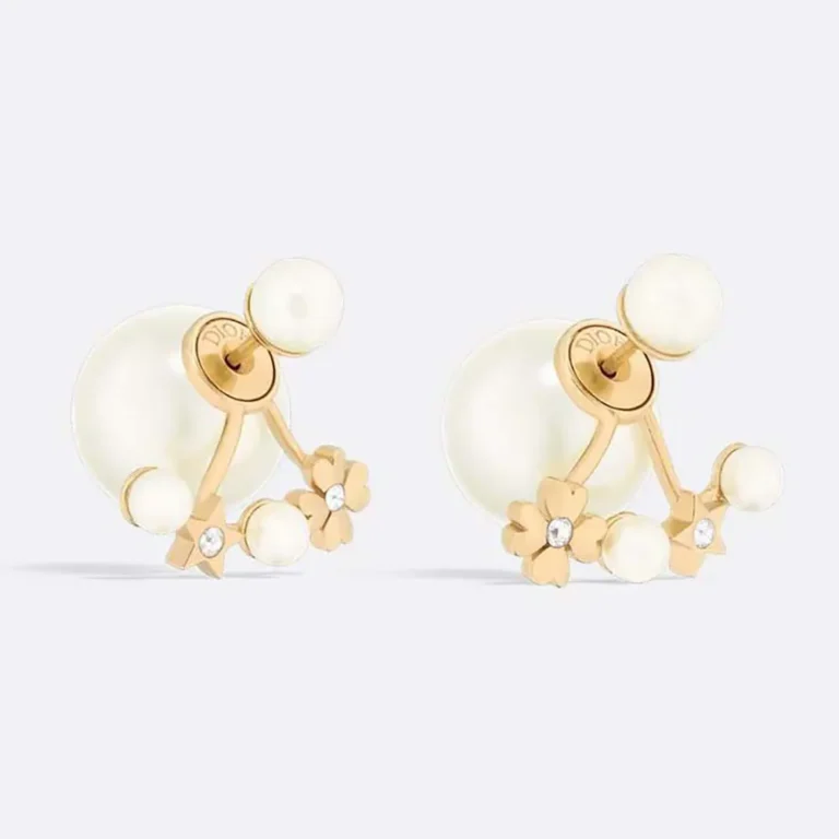 Dior Women Tribales Earrings Gold-Finish Metal with White Resin Pearls and Silver-Tone Crystals