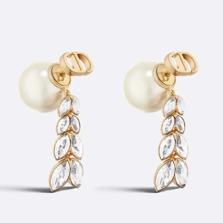 Dior Women Tribales Earrings Gold-Finish Metal with White Resin Pearls and Silver-Tone Crystals