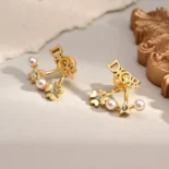 Dior Women Tribales Earrings Gold-Finish Metal with White Resin Pearls and Silver-Tone Crystals