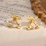 Dior Women Tribales Earrings Gold-Finish Metal with White Resin Pearls and Silver-Tone Crystals