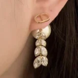 Dior Women Tribales Earrings Gold-Finish Metal with White Resin Pearls and Silver-Tone Crystals