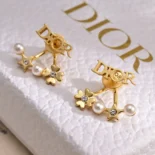 Dior Women Tribales Earrings Gold-Finish Metal with White Resin Pearls and Silver-Tone Crystals
