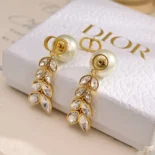 Dior Women Tribales Earrings Gold-Finish Metal with White Resin Pearls and Silver-Tone Crystals