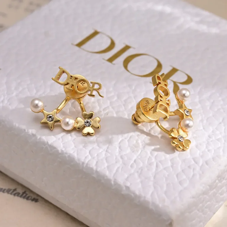 Dior Women Tribales Earrings Gold-Finish Metal with White Resin Pearls and Silver-Tone Crystals