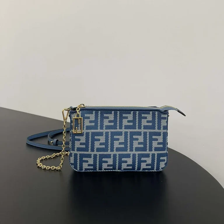 Fendi Women Baguette Pouch Blue Denim-effect FF Jacquard Charm Pouch with Chain