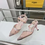 Fendi Women Colibrì Pink Mesh and Crystals High-heeled Slingbacks