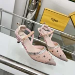 Fendi Women Colibrì Pink Mesh and Crystals High-heeled Slingbacks