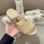 Fendi Women Feel Mesh Slides with Raffia FF Embroidery