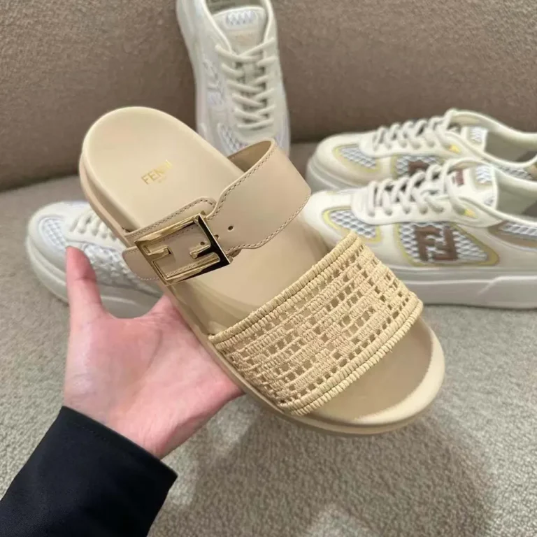 Fendi Women Feel Mesh Slides with Raffia FF Embroidery