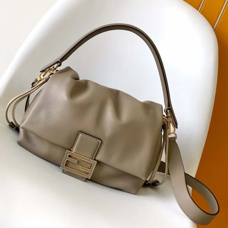 Fendi Women Mamma Baguette Medium Dove Gray Nappa Leather Bag