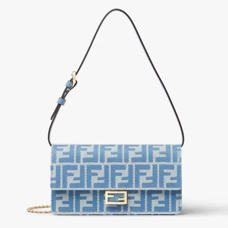 Fendi Women Wallet On Chain Baguette Blue Denim-effect FF Jacquard Wallet