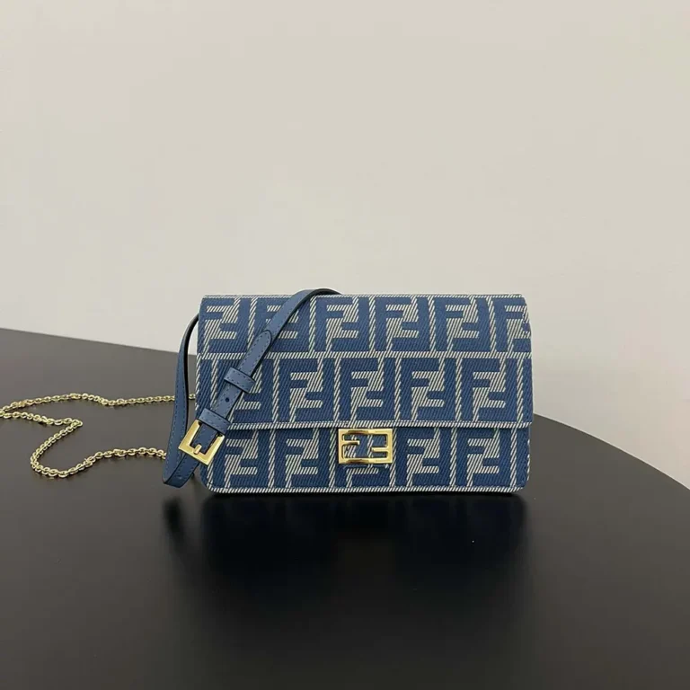 Fendi Women Wallet On Chain Baguette Blue Denim-effect FF Jacquard Wallet