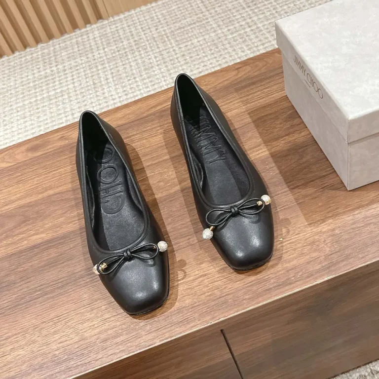 Jimmy Choo Women Elme Flat Black Nappa Leather Flats with Pearl Embellishment