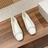 Jimmy Choo Women Elme Flat Latte Nappa Leather Flats with Pearl Embellishment