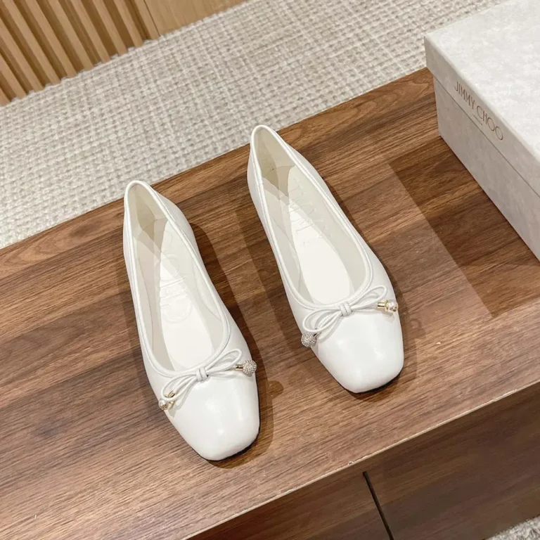 Jimmy Choo Women Elme Flat Latte Nappa Leather Flats with Pearl Embellishment