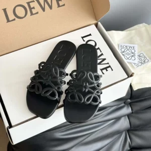 Loewe Women Petal Anagram Slide in Soft Calfskin-Black