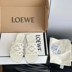 Loewe Women Petal Anagram Slide in Soft Calfskin-White