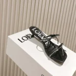 Loewe Women Petal Sandal in Suede and Rhinestones-Black