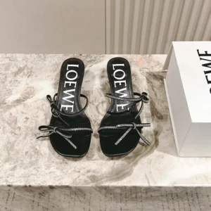 Loewe Women Petal Sandal in Suede and Rhinestones-Black