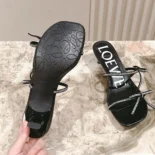 Loewe Women Petal Sandal in Suede and Rhinestones-Black