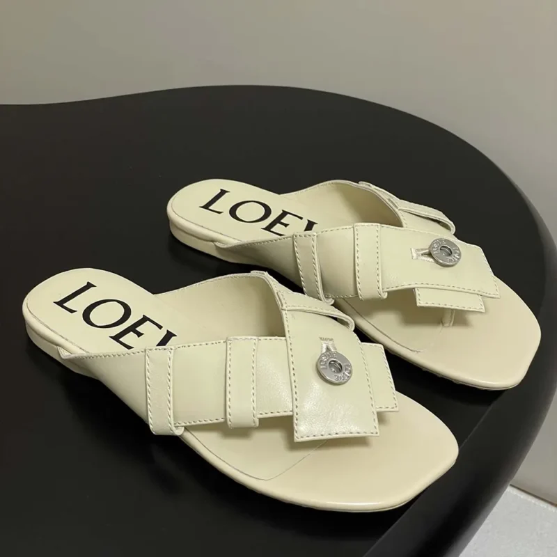 Loewe Women Toy Panta Toe Post Sandal in Lambskin-Beige