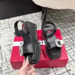 Roger Vivier Women Slidy Viv' Wedge Sandals in Leather-Black