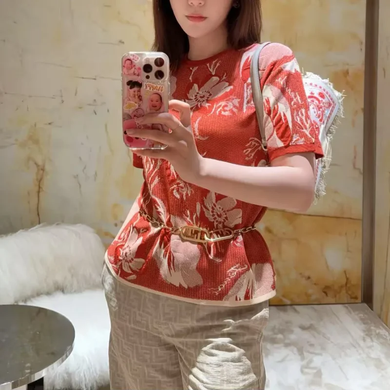 Fendi Women Red Viscose Jacquard T-shirt FZXD52AUI3F1SAX
